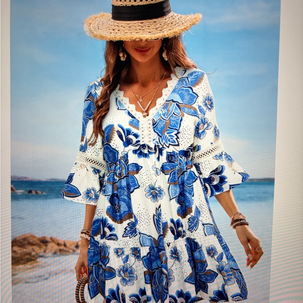 NEW ! Cupshe Blue and White Floral Midi Dress - Picture 12 of 15